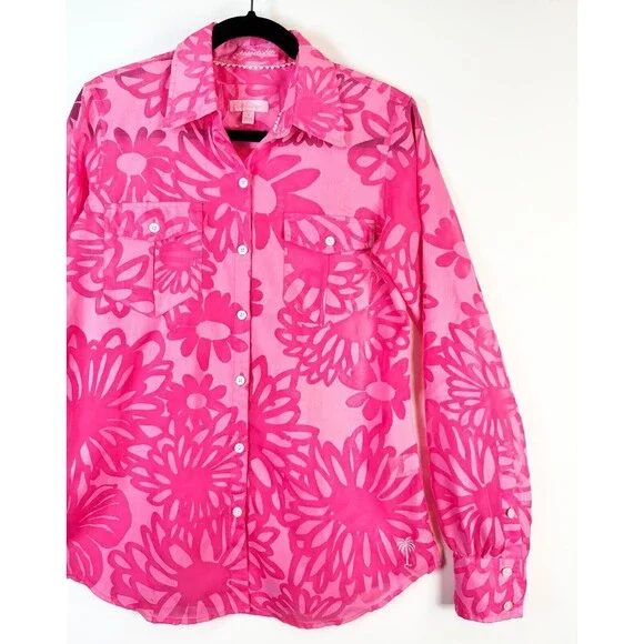 Lilly Pulitzer Womens Shirt Pink Resort Fit Button Up Floral Barbiecore Small - Picture 5 of 9